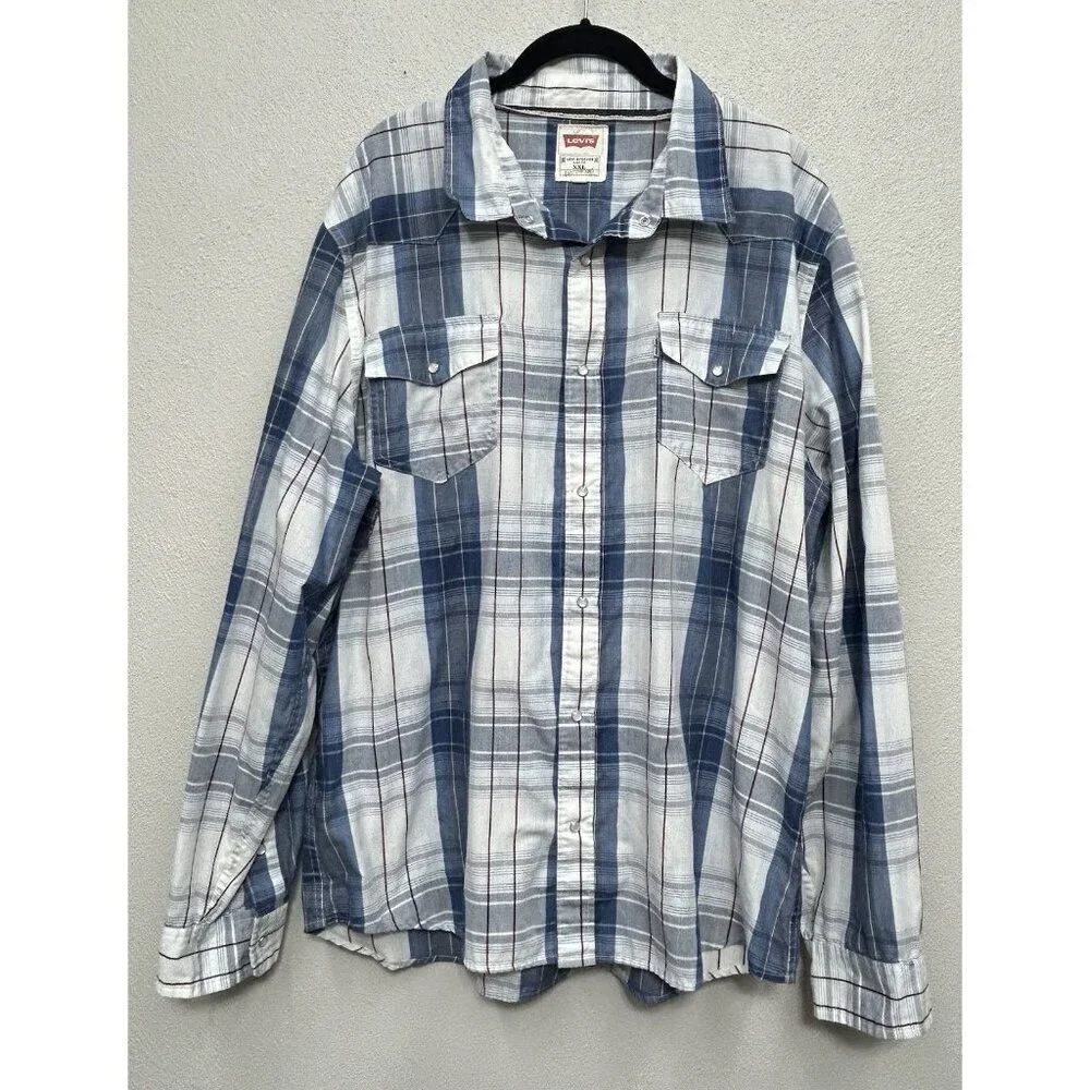 Levi's Western Shirt Mens XXL 2XL Modern Fit Blue White Plaid Pearl Snap